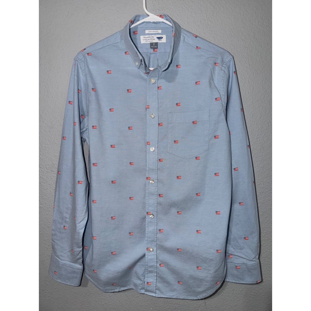 Old Navy Mens Shirt S Slim Fit American Flag Oxford Light Blue Long Sleeve USA